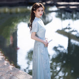 Modern Aodai, Blue aodai qipao, flower pattern