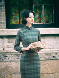 Modern Chinese Qipao, Evening Dresses, autumn qipao, plaid pattern qipao, 3/4 sleeve