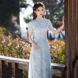 Modern Aodai, Blue aodai qipao, flower pattern