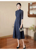 Modern Aodai, Knee length Cheongsam, navy aodai qipao