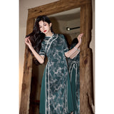 Modern Aodai,  Knee length Cheongsam, green Ao Dai, flower pattern, mandarin collar