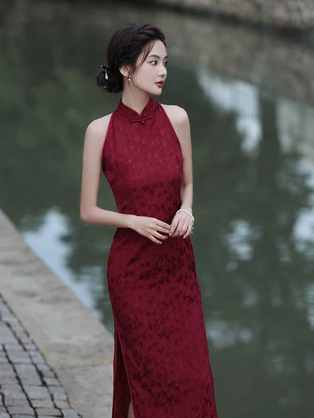 Modern Chinese Qipao, Cheongsam Dress, Evening Dress, wine red jacquard qipao