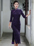Chinese Cheongsam, Evening Dress, Ball Gown, black purple color, Mandarin collar, 3/4 Sleeve