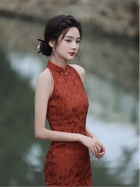 Modern Chinese Qipao, Cheongsam Dress, Evening Dress, brick red jacquard qipao