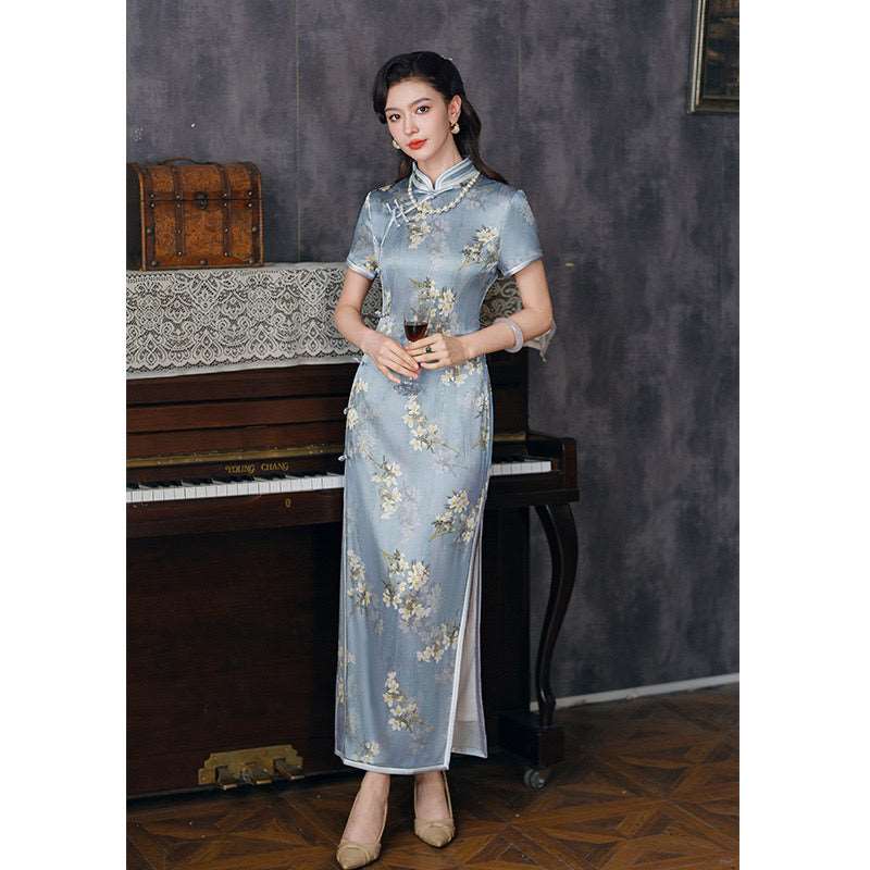 Modern Chinese Qipao dress, Mulberry Silk cheongsam, light blue color, evening Qipao 2XL