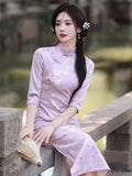 Modern Chinese Qipao dress, Evening Dress, full length, mandarin collar, light purple color, 3/4 sleeve