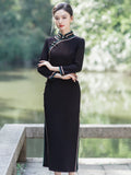 Modern Chinese Qipao, Chinese Cheongsam Dress, Ball Gowns, Long Evening Dresses, black jacquard dress, 3/4 sleeve, mandarin collar