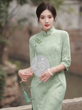 Modern Chinese Qipao, Chinese Cheongsam Dress, Evening Dresses, Ball Gowns, mint green color Dresses, mandarin collar, 3/4 sleeve