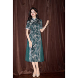 Modern Aodai,  Knee length Cheongsam, green Ao Dai, flower pattern, mandarin collar