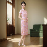 Modern Chinese Qipao, Mulberry Silk cheongsam, pink floral color, Evening Dress