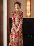Chinese wedding dress, traditional Chinese dress, embroidered Qun Kwa, Bridal dress, tea ceremony, mandarin collar