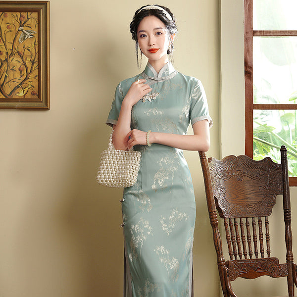 Modern Chinese Qipao, full length Cheongsam, floral qipao, mandarin collar