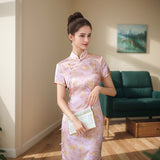 Modern Chinese Qipao, Mulberry Silk cheongsam, pink floral color, Evening Dress