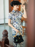 Modern Chinese Qipao, Mulberry Silk cheongsam, kneelength dress, floral color