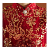 Chinese Cheongsam, Ball Gown, party qipao dress, red sequins velvet dress, Mandarin collar