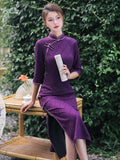 Elegant traditional Chinese dress, Chinese Cheongsam Dress, Evening Dress, Ball Gowns, purple Dresses, 3/4 sleeve, mandarin collar