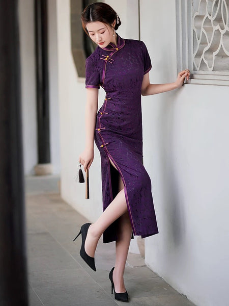Modern Chinese qipao, Chinese Cheongsam , Long Evening Dresses, Ball Gowns, purple floral dress, gift mandarin collar