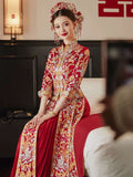 Chinese wedding dress, traditional Chinese dress, embroidered Qun Kwa, Bridal dress, tea ceremony, mandarin collar