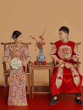 Chinese wedding dress, traditional Chinese dress, embroidered Qun Kwa, Bridal dress, tea ceremony, mandarin collar