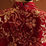 Chinese Cheongsam, Ball Gown, party qipao dress, red sequins velvet dress, Mandarin collar