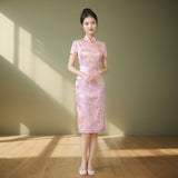 Modern Chinese Qipao, Mulberry Silk cheongsam, pink floral color, Evening Dress