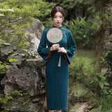 Modern Chinese Qipao, Chinese Cheongsam, Blue qipao, evening Dress, Ball Gown,3/4 sleeve, mandarin collar
