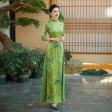 Modern Aodai, green Ao Dai, flower pattern
