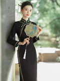 Modern Chinese Qipao, Chinese Cheongsam Dress, Ball Gowns, Long Evening Dresses, black jacquard dress, 3/4 sleeve, mandarin collar