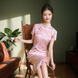Modern Chinese Qipao, Mulberry Silk cheongsam, pink floral color, Evening Dress
