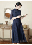 Modern Aodai, Knee length Cheongsam, navy aodai qipao