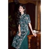 Modern Aodai,  Knee length Cheongsam, green Ao Dai, flower pattern, mandarin collar
