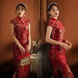 Chinese Cheongsam, Ball Gown, party qipao dress, red sequins velvet dress, Mandarin collar