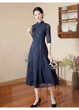 Modern Aodai, Knee length Cheongsam, navy aodai qipao