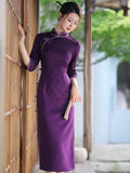Elegant traditional Chinese dress, Chinese Cheongsam Dress, Evening Dress, Ball Gowns, purple Dresses, 3/4 sleeve, mandarin collar