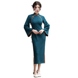 Modern Chinese Qipao, Chinese Cheongsam, Blue qipao, evening Dress, Ball Gown,3/4 sleeve, mandarin collar