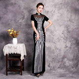 Chinese Cheongsam, Ball Gown, party qipao dress, black sequins velvet dress, Mandarin collar
