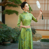Modern Aodai, green Ao Dai, flower pattern