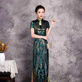 Chinese Cheongsam, Ball Gown, qipao dress, party dress, black velvet, sequins floral color, Mandarin collar