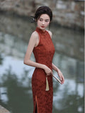 Modern Chinese Qipao, Cheongsam Dress, Evening Dress, brick red jacquard qipao