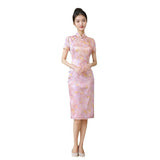 Modern Chinese Qipao, Mulberry Silk cheongsam, pink floral color, Evening Dress