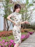Robe Qipao chinoise moderne, qipao brodé, qipao floral crème, col mandarin
