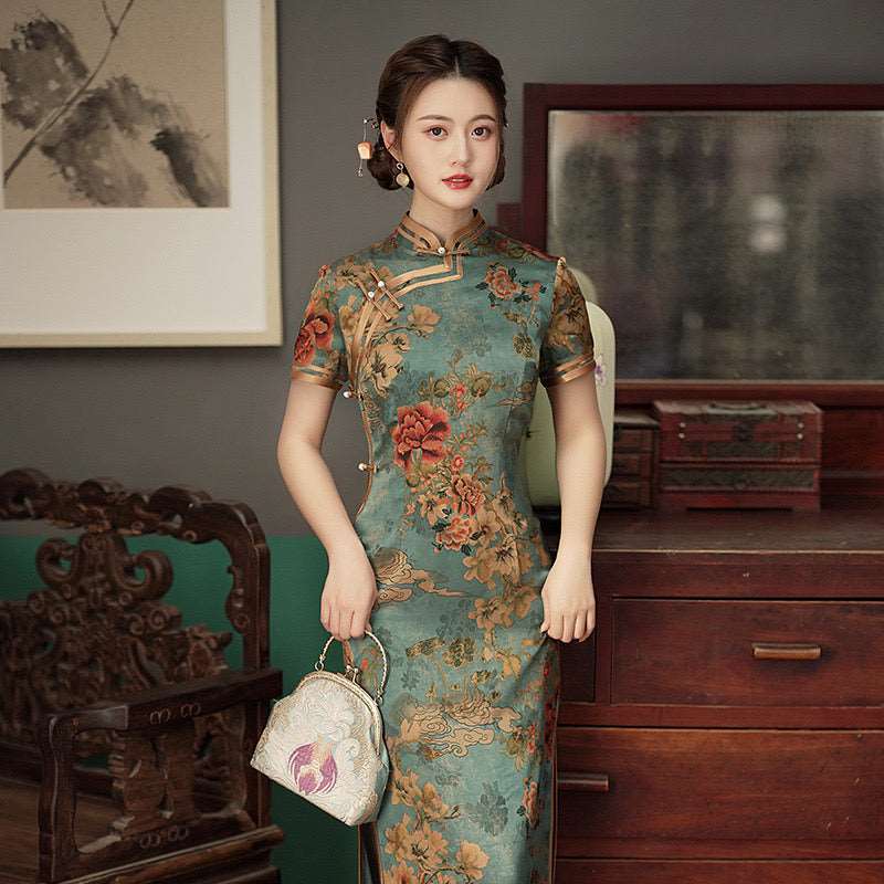 Modern Chinese qipao Chinese Cheongsam Dress green floral Dress Bal QipaoMood