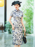 Modern Chinese Qipao, Mulberry Silk cheongsam, kneelength dress, floral color