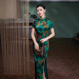 Modern Chinese Qipao, Mulberry Silk cheongsam, floral pattern, green color qipao