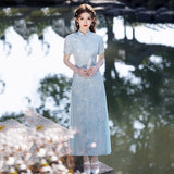 Modern Aodai, Blue aodai qipao, flower pattern
