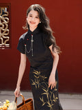 Modern Chinese Qipao, Chinese Cheongsam, black floral qipao, Wedding Dress, Long Evening Dress, mandarin collar