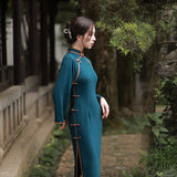 Modern Chinese Qipao, Chinese Cheongsam, Blue qipao, evening Dress, Ball Gown,3/4 sleeve, mandarin collar