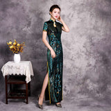 Chinese Cheongsam, Ball Gown, qipao dress, party dress, black velvet, sequins floral color, Mandarin collar
