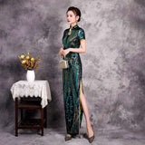Chinese Cheongsam, Ball Gown, qipao dress, party dress, black velvet, sequins floral color, Mandarin collar