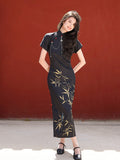 Modern Chinese Qipao, Chinese Cheongsam, black floral qipao, Wedding Dress, Long Evening Dress, mandarin collar